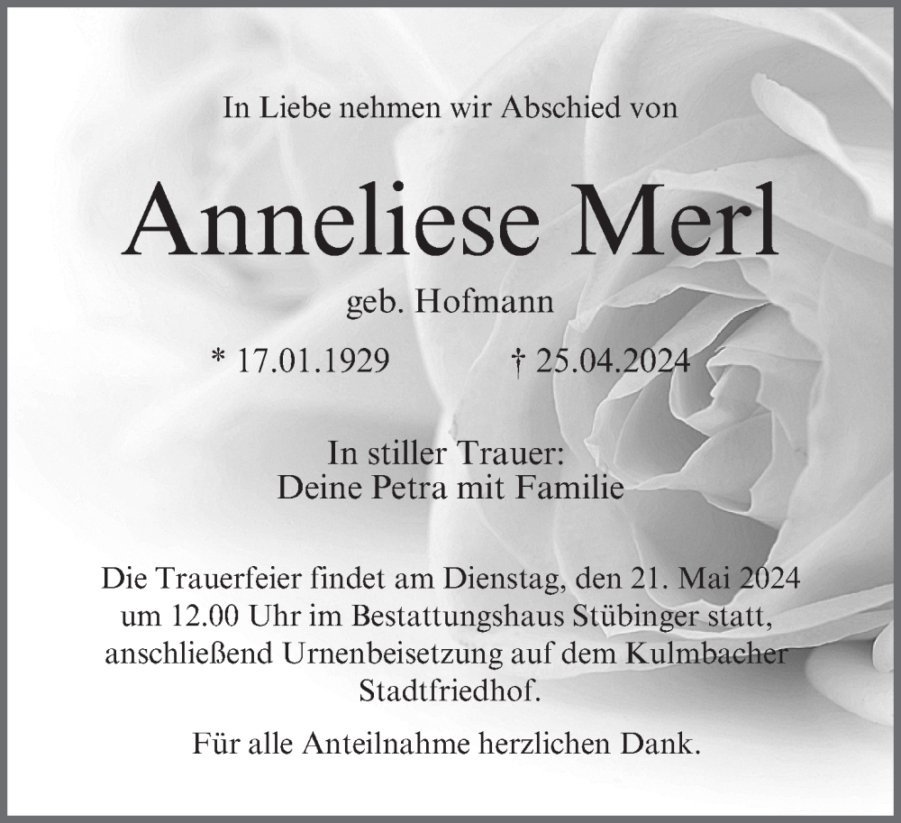  Traueranzeige für Anneliese Merl vom 16.05.2024 aus MGO