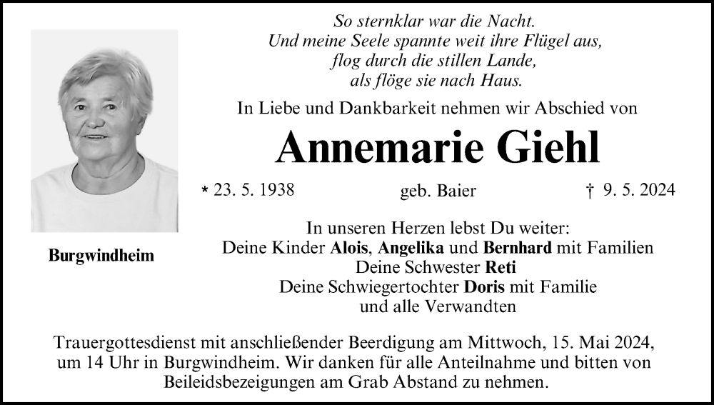  Traueranzeige für Annemarie Giehl vom 11.05.2024 aus MGO