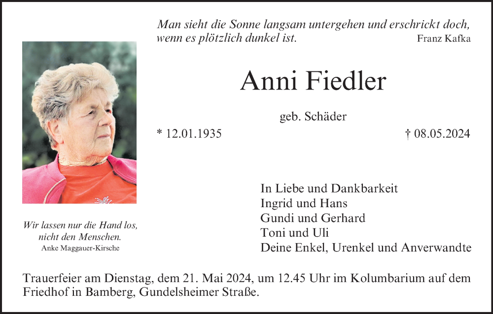  Traueranzeige für Anni Fiedler vom 18.05.2024 aus MGO