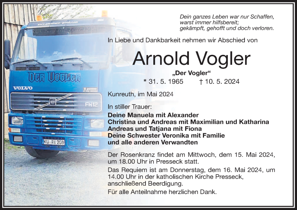  Traueranzeige für Arnold Vogler vom 14.05.2024 aus MGO