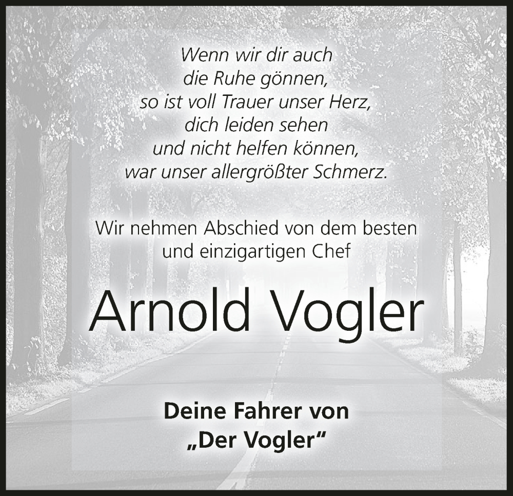 Traueranzeige für Arnold Vogler vom 14.05.2024 aus MGO