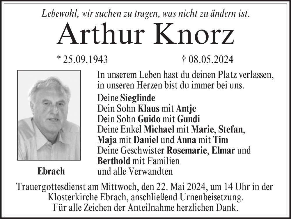  Traueranzeige für Arthur Knorz vom 11.05.2024 aus MGO