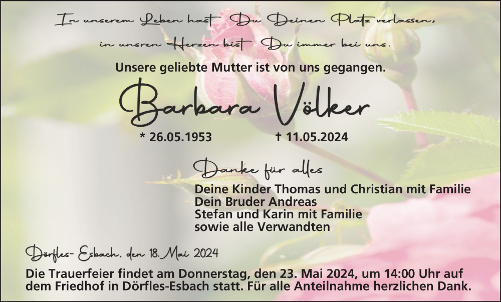  Traueranzeige für Barbara Völker vom 18.05.2024 aus MGO