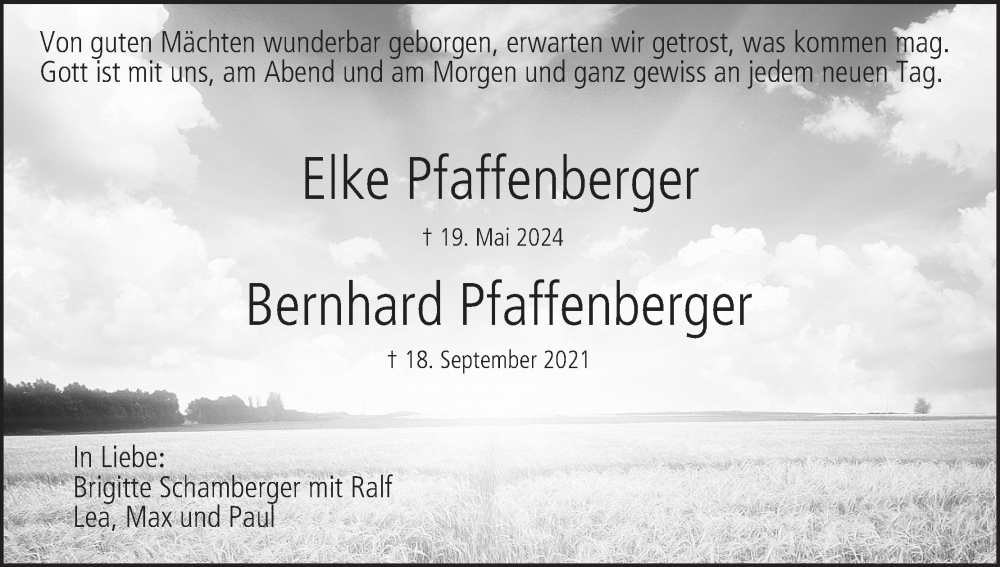  Traueranzeige für Bernhard Pfaffenberger vom 25.05.2024 aus MGO