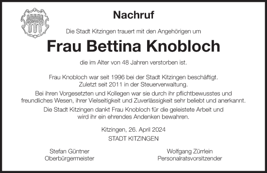 Anzeige von Bettina Knobloch von MGO