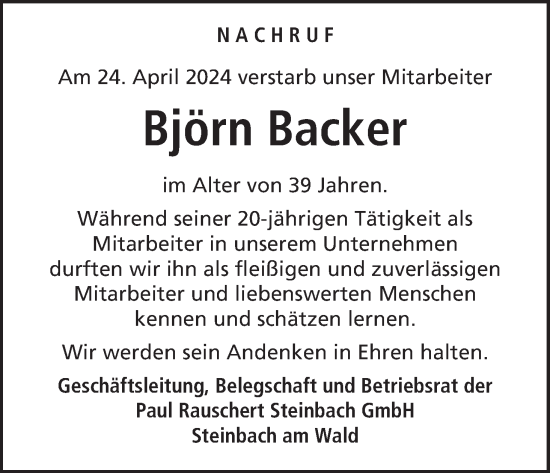 Anzeige von Björn Backer von MGO