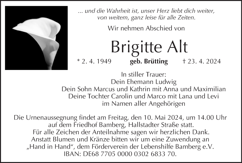  Traueranzeige für Brigitte Alt vom 04.05.2024 aus MGO