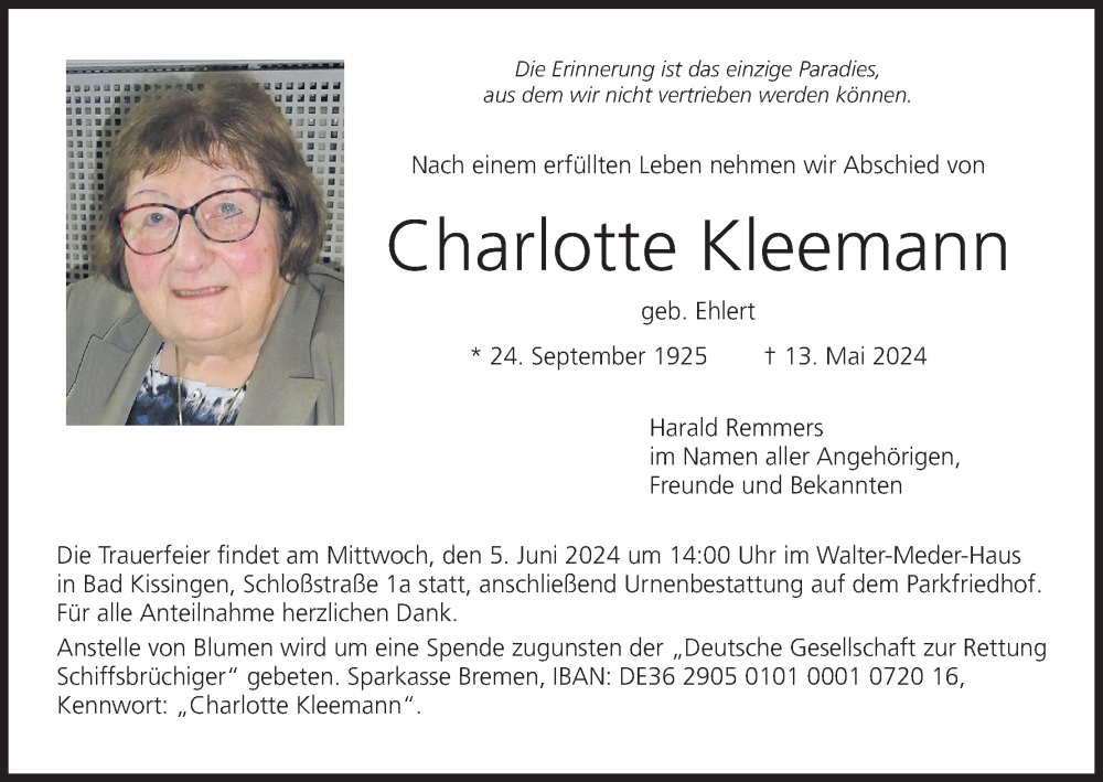  Traueranzeige für Charlotte Kleemann vom 25.05.2024 aus MGO