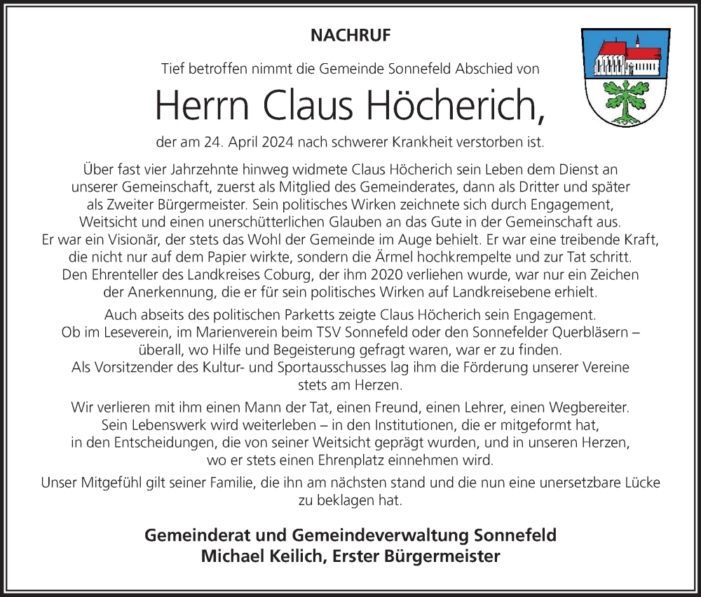  Traueranzeige für Claus Höcherich vom 04.05.2024 aus MGO