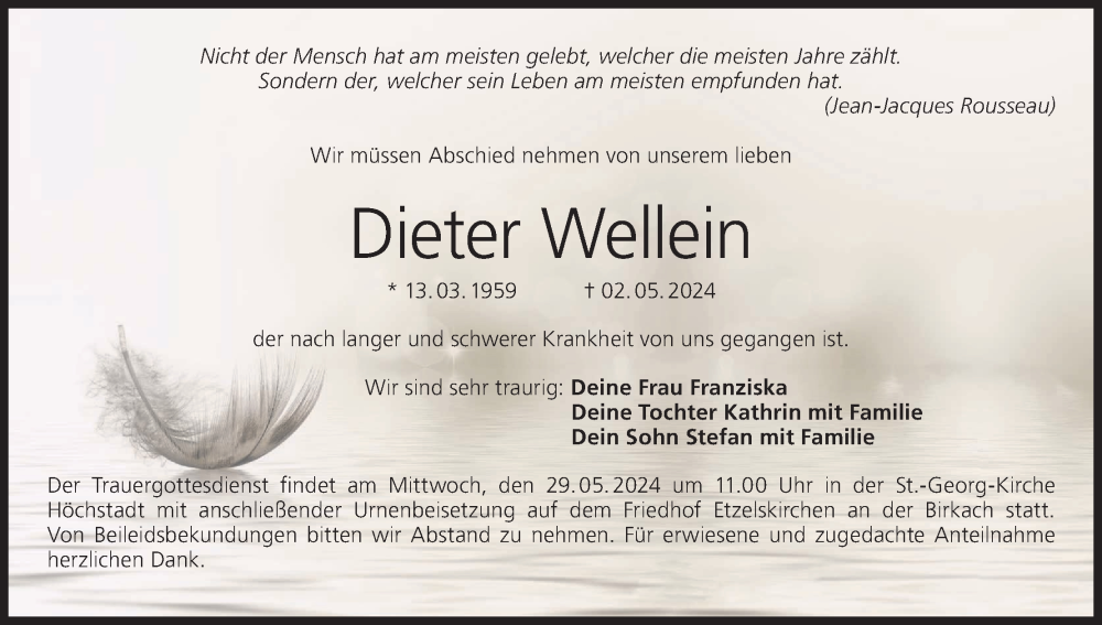  Traueranzeige für Dieter Wellein vom 25.05.2024 aus MGO