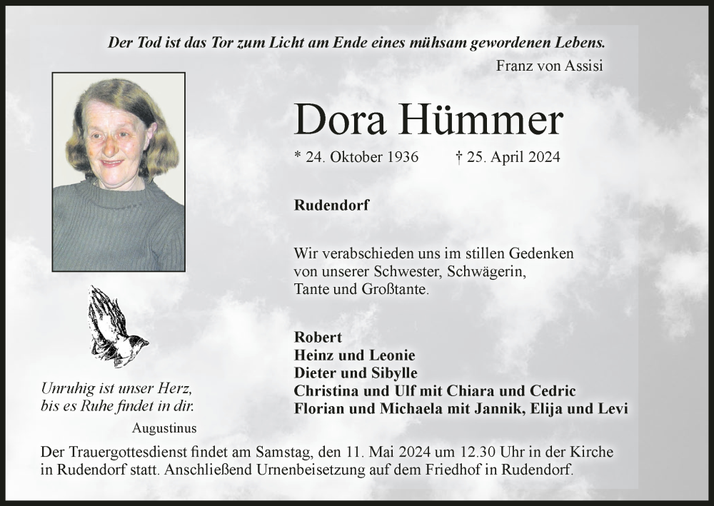  Traueranzeige für Dora Hümmer vom 08.05.2024 aus MGO
