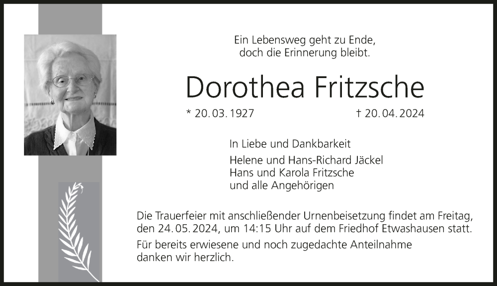  Traueranzeige für Dorothea Fritzsche vom 18.05.2024 aus MGO