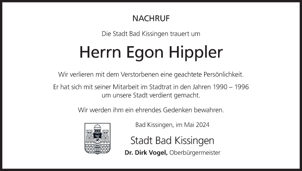  Traueranzeige für Egon Hippler vom 04.05.2024 aus MGO