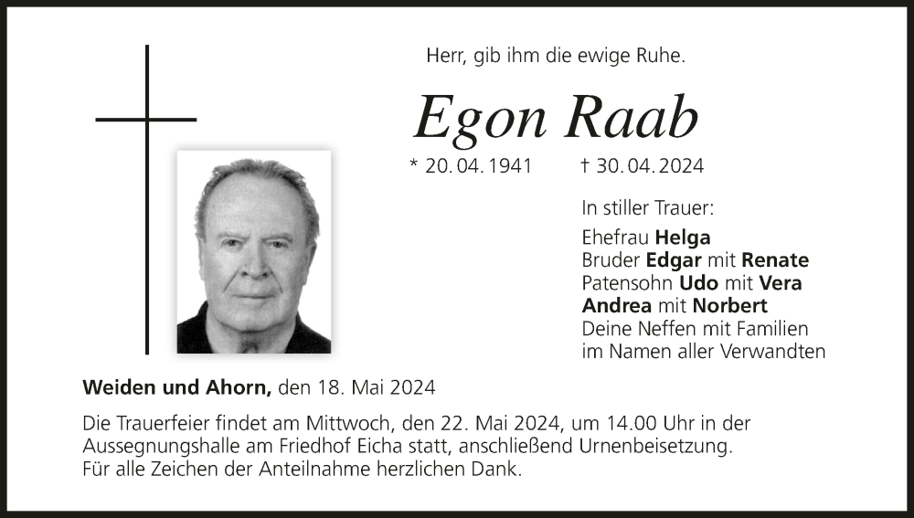  Traueranzeige für Egon Raab vom 18.05.2024 aus MGO
