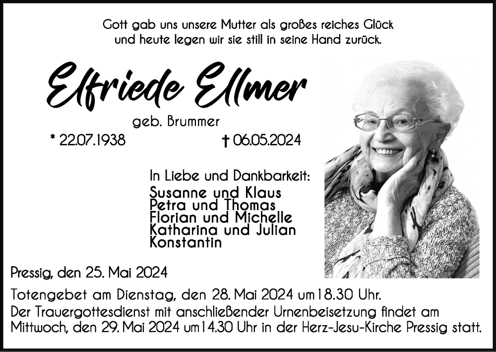  Traueranzeige für Elfriede Ellmer vom 25.05.2024 aus MGO