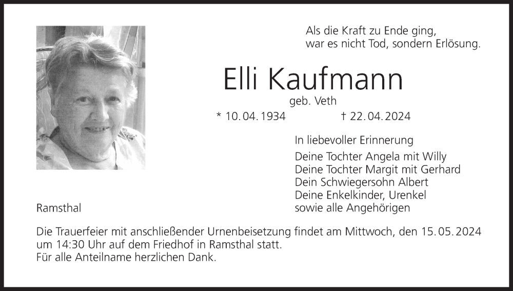  Traueranzeige für Elli Kaufmann vom 04.05.2024 aus MGO
