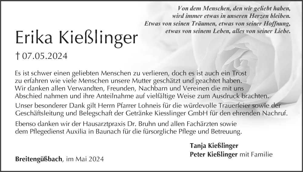  Traueranzeige für Erika Kießlinger vom 25.05.2024 aus MGO