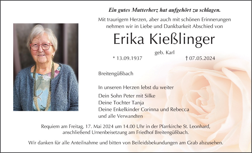  Traueranzeige für Erika Kießlinger vom 11.05.2024 aus MGO