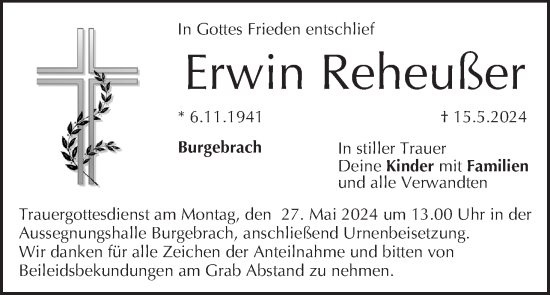 Anzeige von Erwin Reheußer von MGO