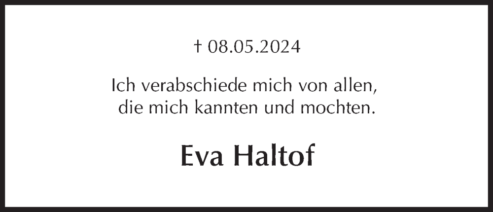  Traueranzeige für Eva Haltof vom 18.05.2024 aus MGO