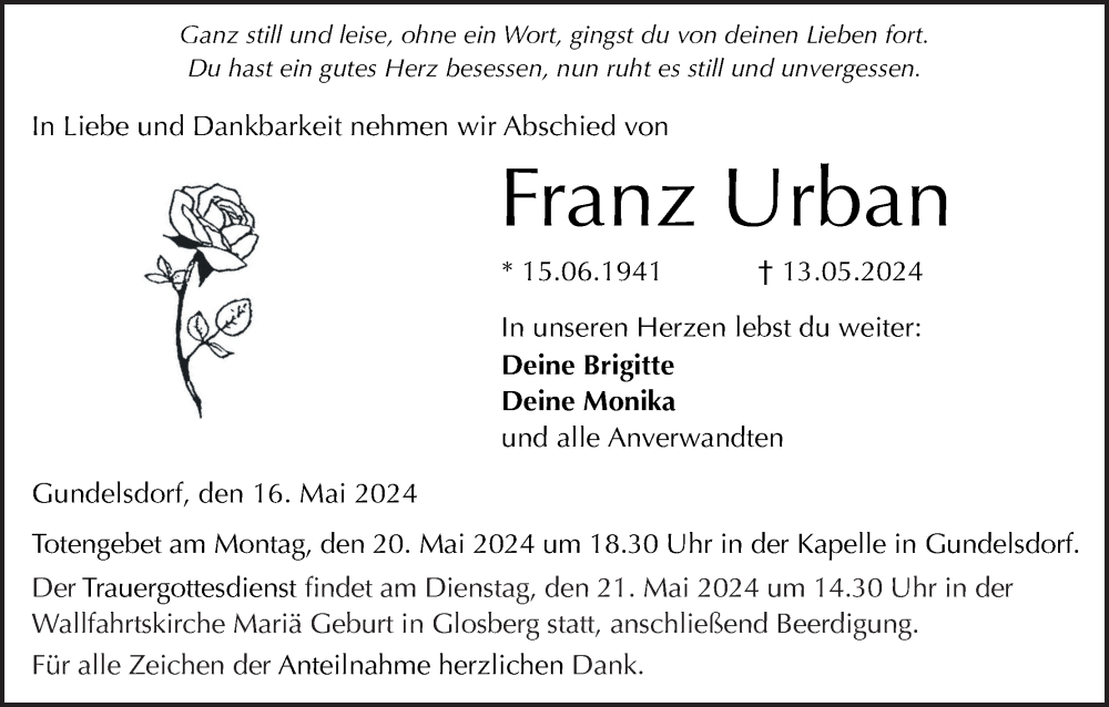  Traueranzeige für Franz Urban vom 16.05.2024 aus MGO