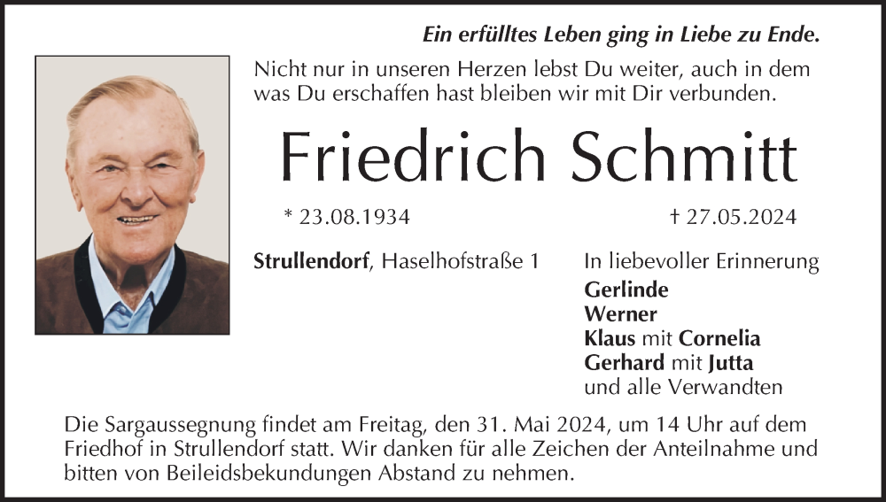  Traueranzeige für Friedrich Schmitt vom 29.05.2024 aus MGO