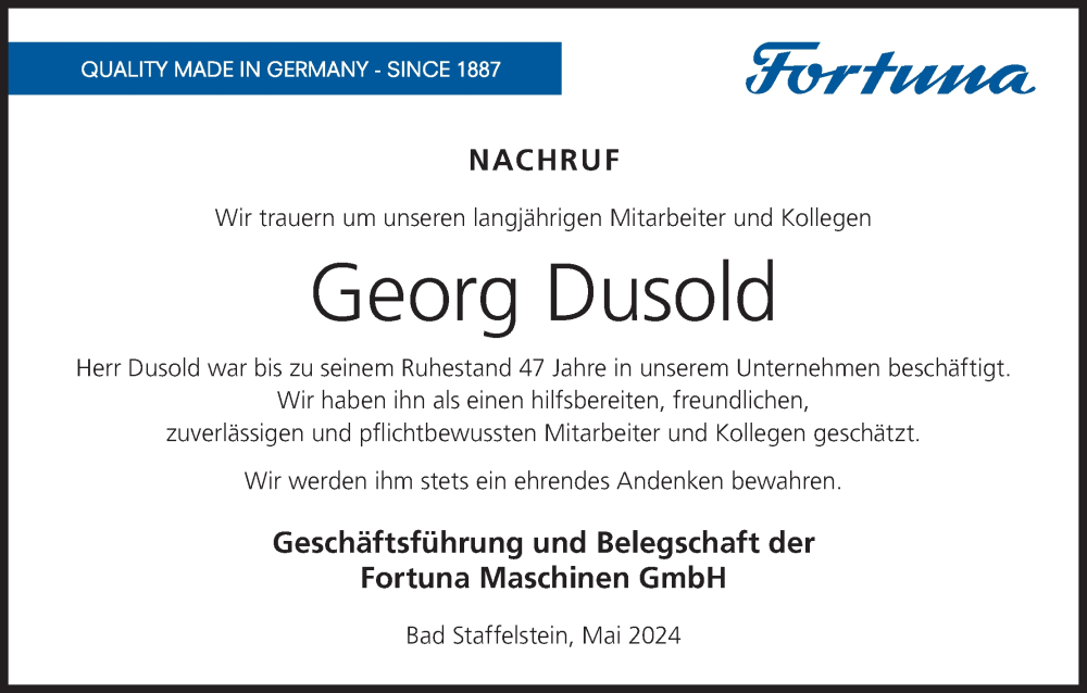  Traueranzeige für Georg Dusold vom 16.05.2024 aus MGO