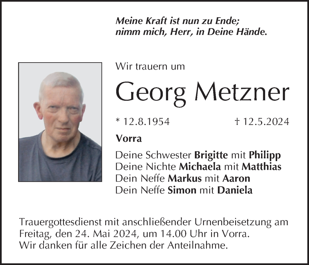  Traueranzeige für Georg Metzner vom 18.05.2024 aus MGO