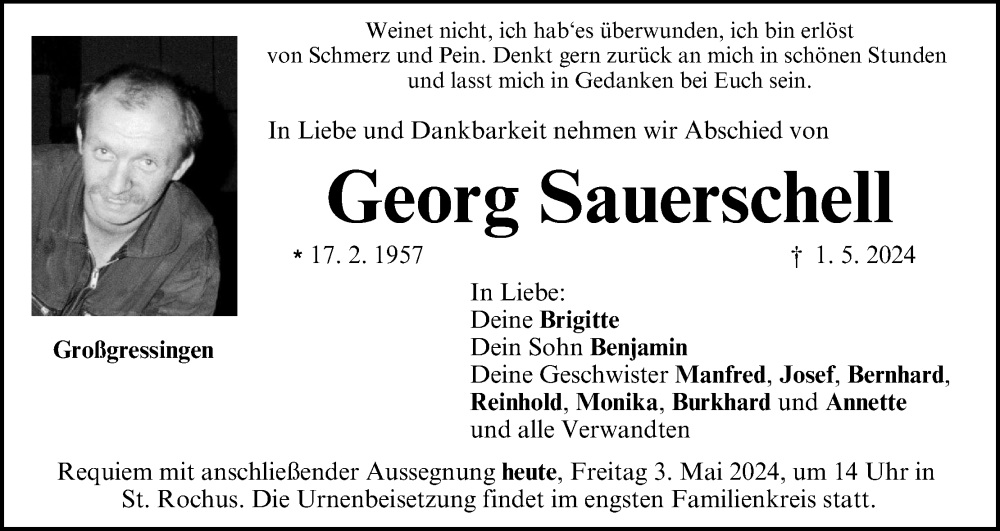  Traueranzeige für Georg Sauerschell vom 03.05.2024 aus MGO