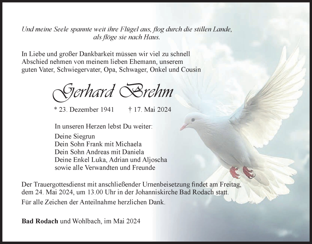  Traueranzeige für Gerhard Brehm vom 22.05.2024 aus MGO