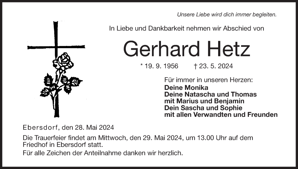  Traueranzeige für Gerhard Hetz vom 28.05.2024 aus MGO