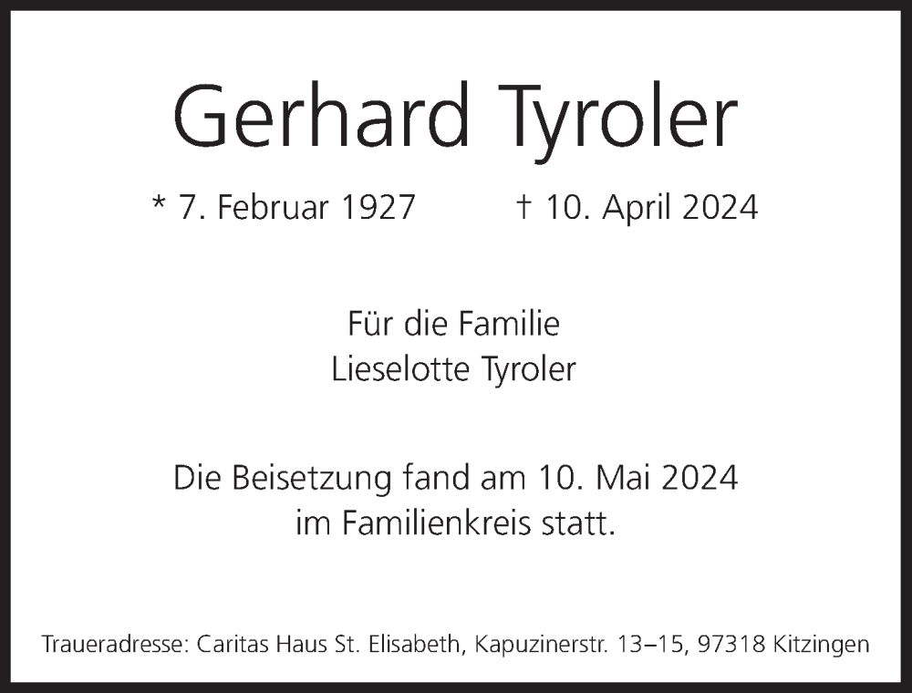  Traueranzeige für Gerhard Tyroler vom 11.05.2024 aus MGO