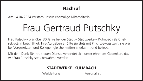 Anzeige von Gertraud Putschky von MGO