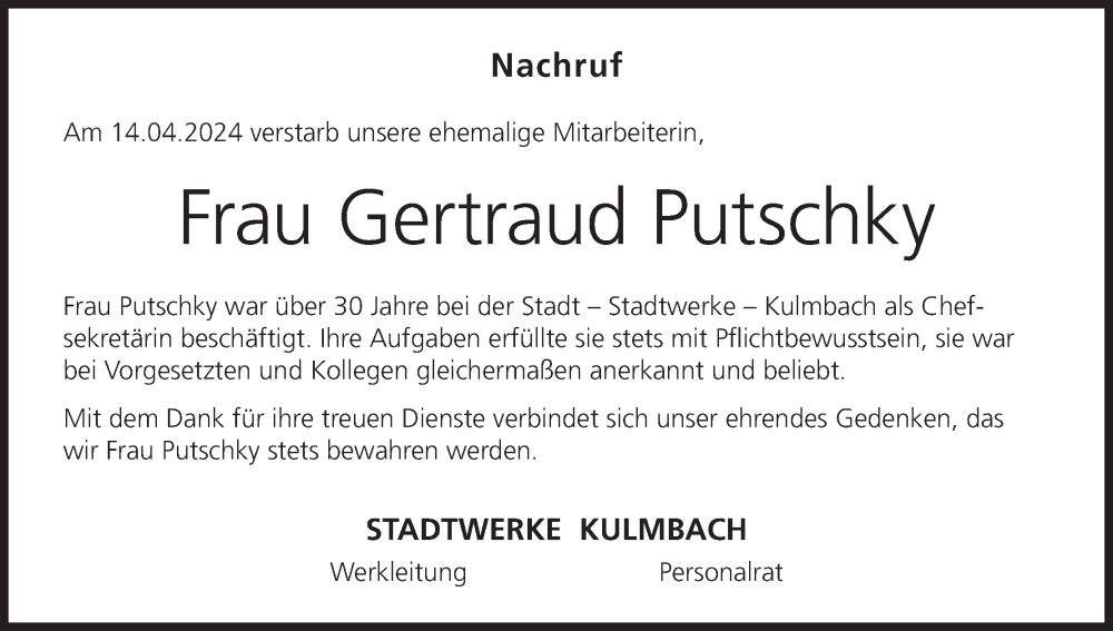  Traueranzeige für Gertraud Putschky vom 07.05.2024 aus MGO
