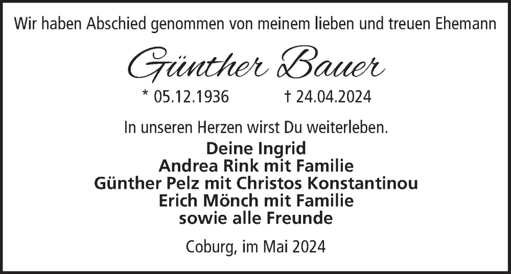  Traueranzeige für Günther Bauer vom 11.05.2024 aus MGO