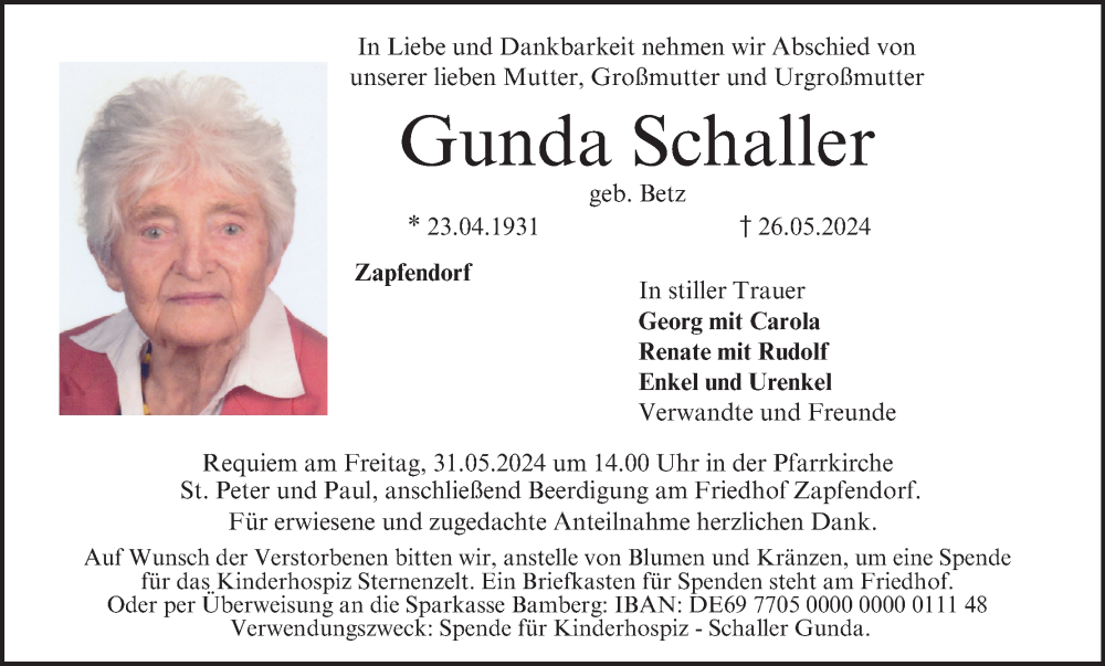  Traueranzeige für Gunda Schaller vom 29.05.2024 aus MGO