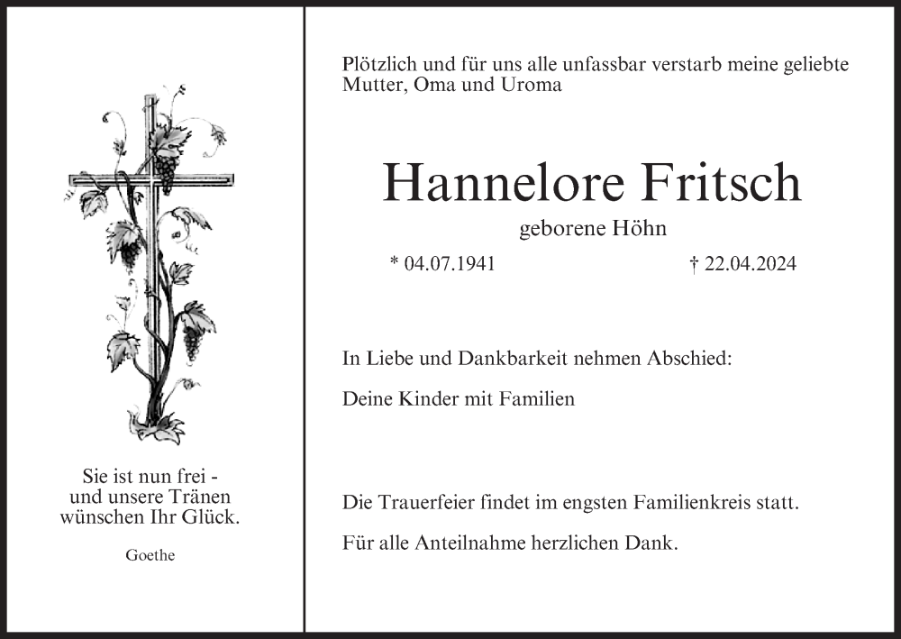  Traueranzeige für Hannelore Fritsch vom 08.05.2024 aus MGO