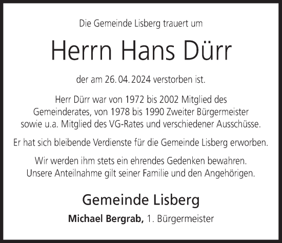 Anzeige von Hans Dürr von MGO