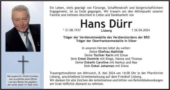 Anzeige von Hans Dürr von MGO