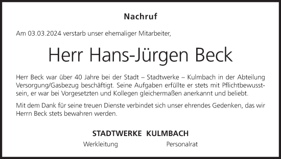 Anzeige von Hans-Jürgen Beck von MGO