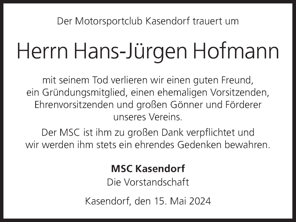  Traueranzeige für Hans-Jürgen Hofmann vom 16.05.2024 aus MGO