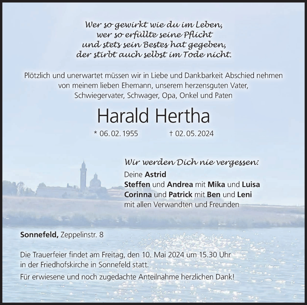  Traueranzeige für Harald Hertha vom 07.05.2024 aus MGO