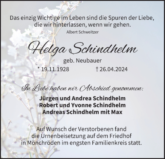 Anzeige von Helga Schindhelm von MGO