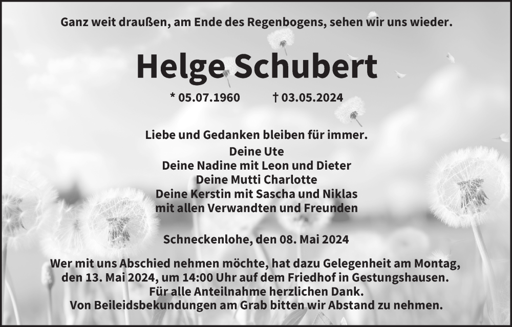  Traueranzeige für Helge Schubert vom 08.05.2024 aus MGO