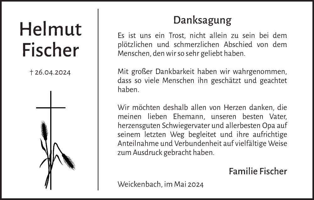  Traueranzeige für Helmut Fischer vom 25.05.2024 aus MGO