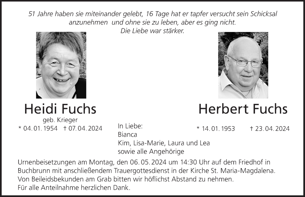  Traueranzeige für Herbert Fuchs vom 03.05.2024 aus MGO