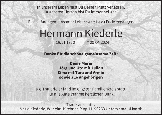 Anzeige von Hermann Kiederle von MGO