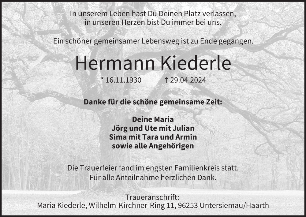  Traueranzeige für Hermann Kiederle vom 11.05.2024 aus MGO