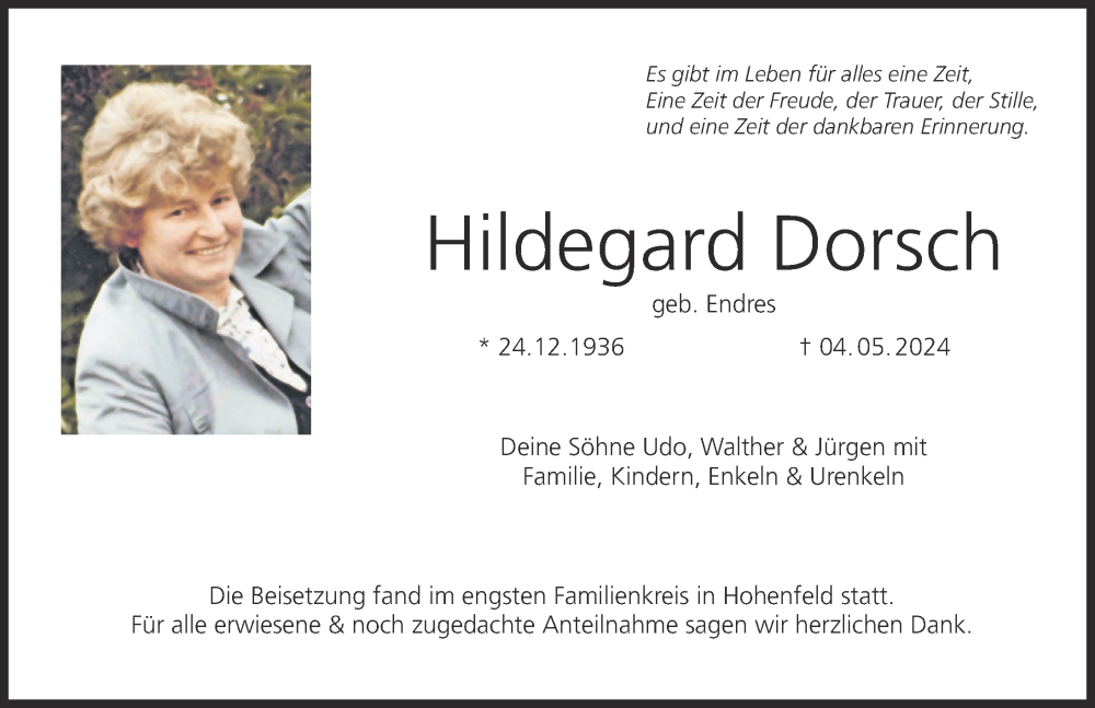  Traueranzeige für Hildegard Dorsch vom 18.05.2024 aus MGO