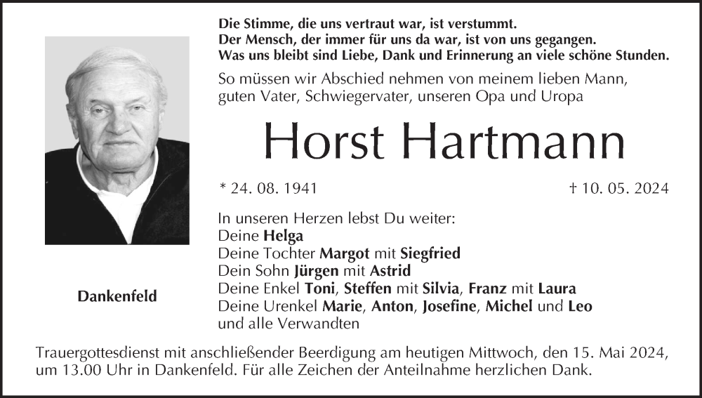  Traueranzeige für Horst Hartmann vom 15.05.2024 aus MGO